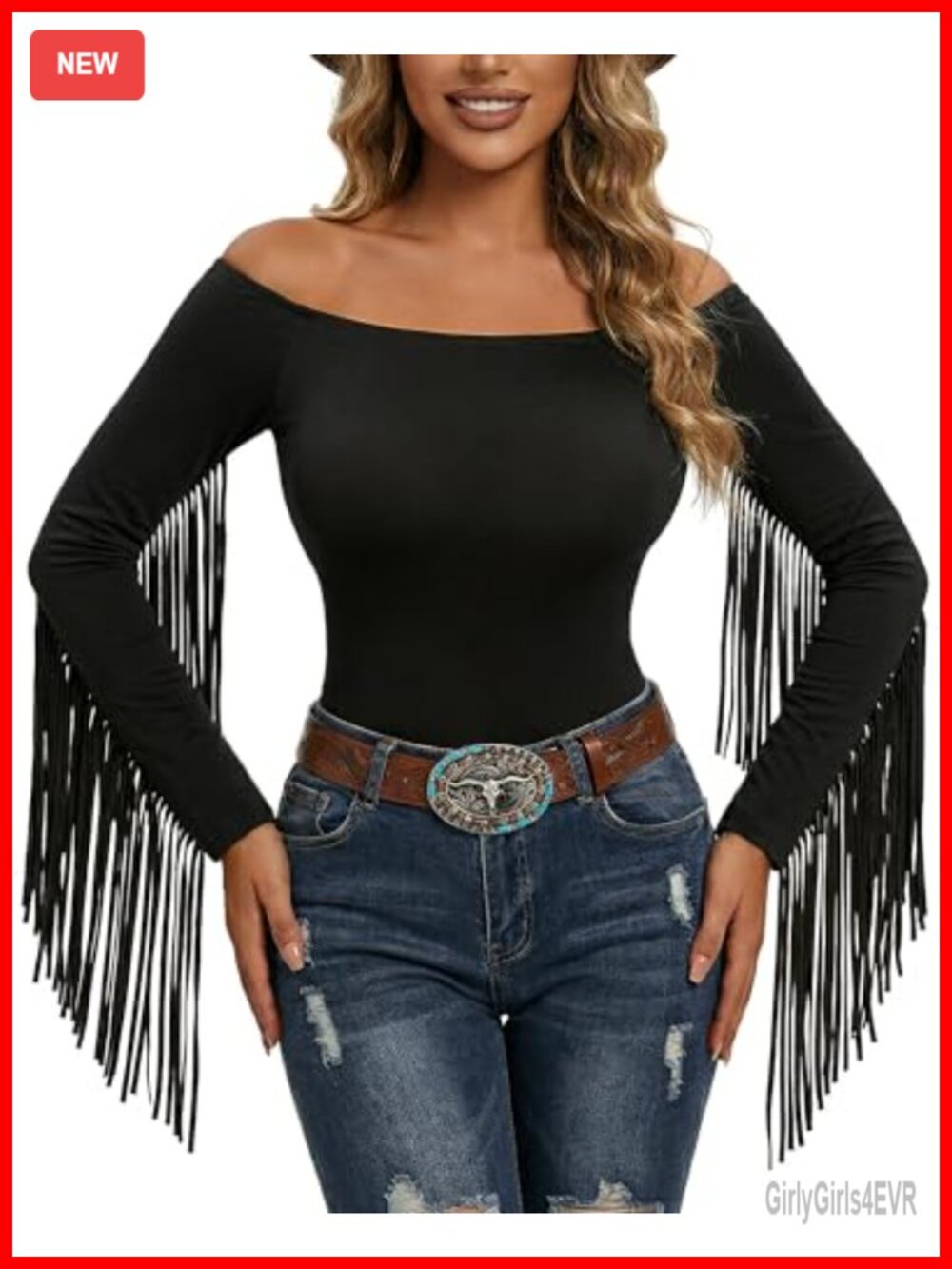 Western Fringe Top Off Shoulder Blouse Cowgirl Concert Shirt